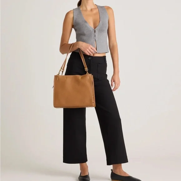 QUINCE Italian Leather Cognac Medium Convertible Satchel Bag - Picture 4 of 13